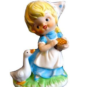 HOMCO FIGURINE Girl Feeding Duck Goose Blue Dress 3" Porcelain Vintage